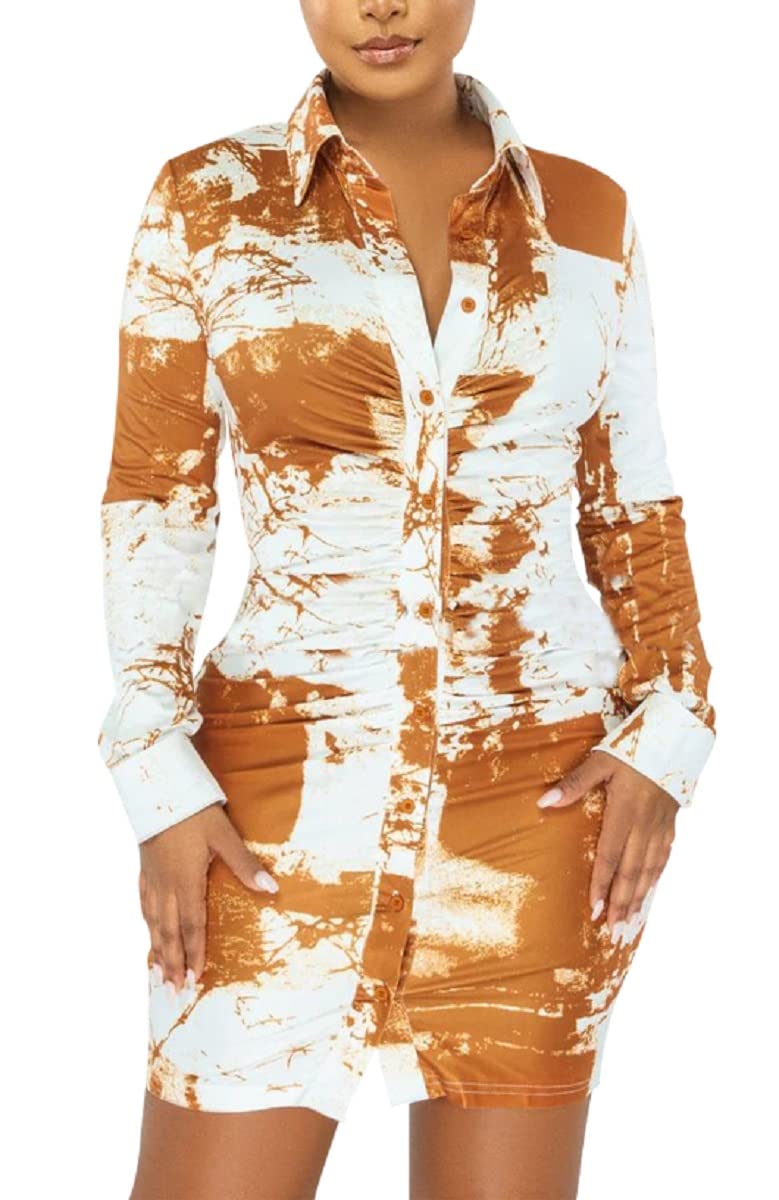 White Shirt Dresses for Women Sexy Tops Button Down Shirts Dress Colorful Collar Blouses Long Sleeve Floral Print Loose T-Shirt