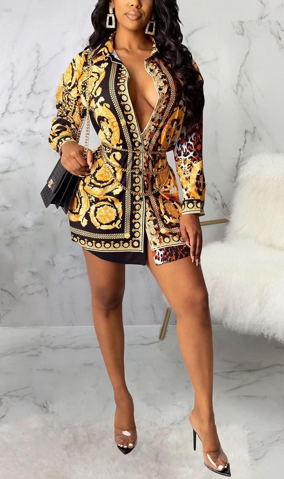 Yellow Shirt Dresses for Women Sexy Tops Button Down Shirts Dress Colorful Collar Blouses Long Sleeve Floral Print Loose T-Shirt