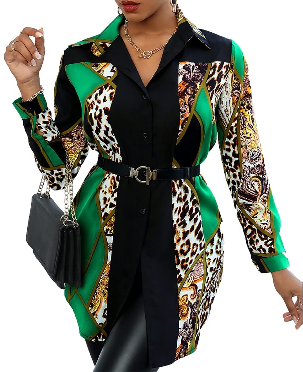 Shirt Dresses for Women Sexy Tops Button Down Shirts Dress Colorful Collar Blouses Long Sleeve Floral Print Loose T-Shirt