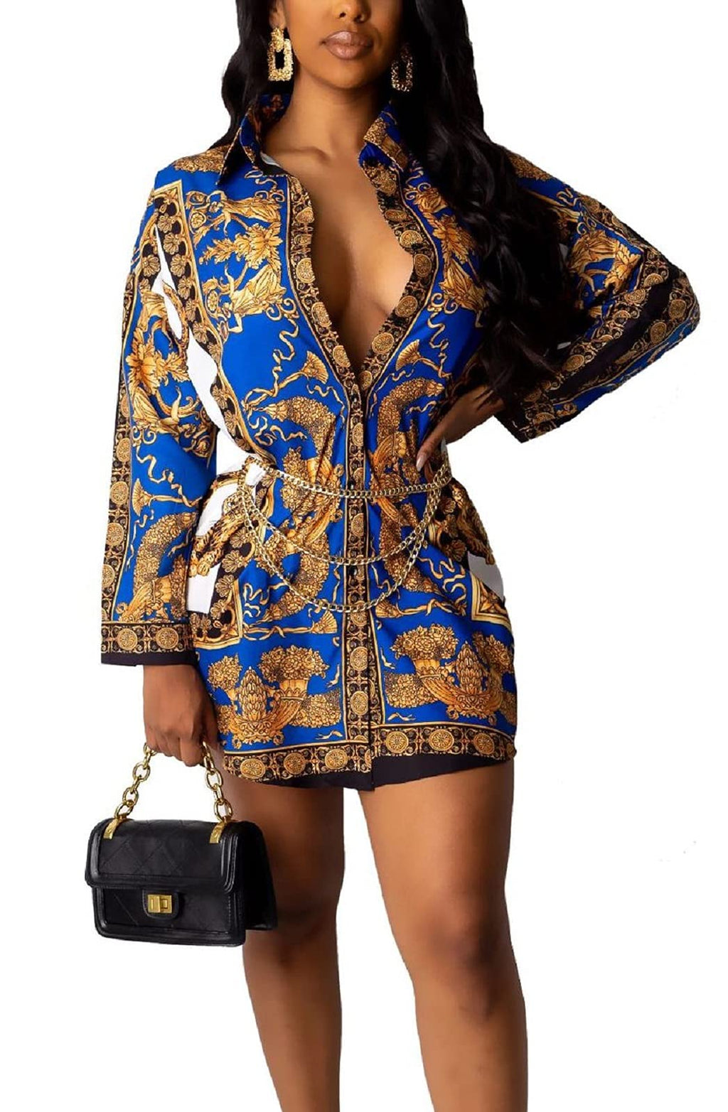 Blue Shirt Dresses for Women Sexy Tops Button Down Shirts Dress Colorful Collar Blouses Long Sleeve Floral Print Loose T-Shirt