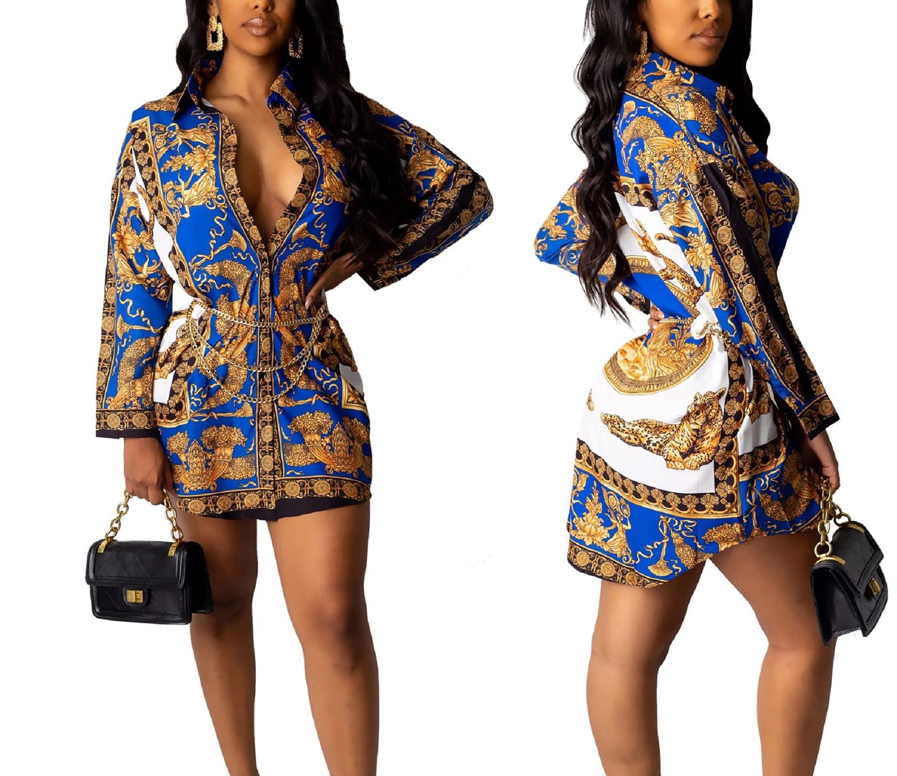 Blue Shirt Dresses for Women Sexy Tops Button Down Shirts Dress Colorful Collar Blouses Long Sleeve Floral Print Loose T-Shirt
